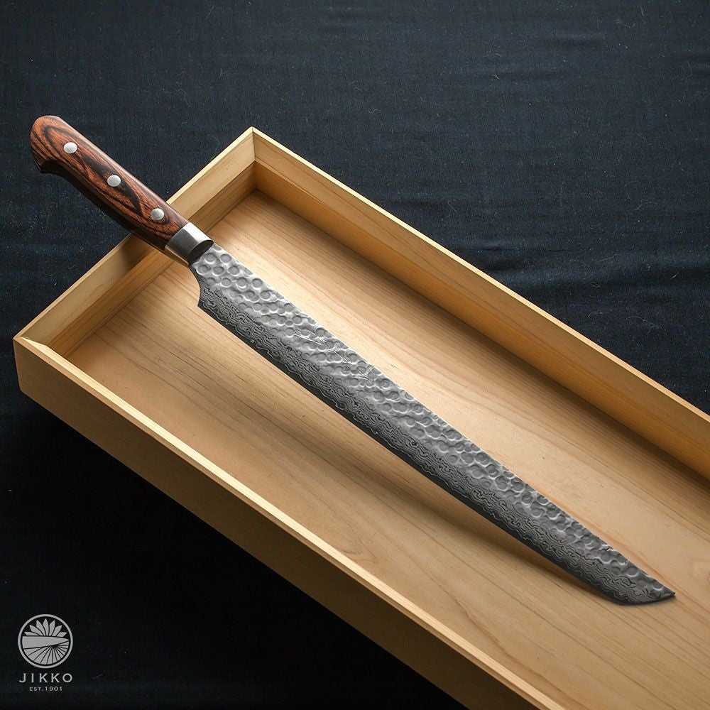 JIKKO 實光 先丸刺身包丁 ダマスカス 青鋼一号 300mm 尺 黒檀八角柄 レビューを書く - [刺身包丁] 槌目ダマスカス 刺身先丸 300mm | 包丁