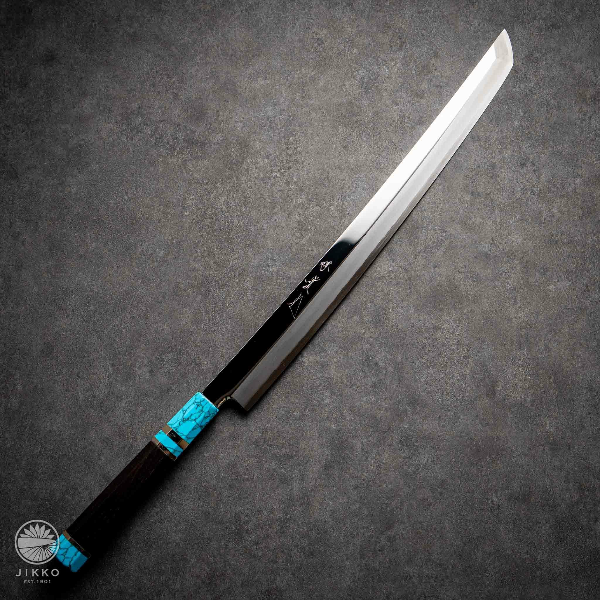 カスタマイズ】 銀三 両鏡面 先丸刺身360mm ターコイズ黒檀銀巻柄