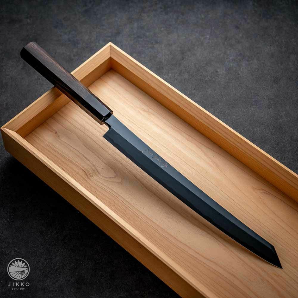 青紙2号 黒打 切付（万能）包丁 黒檀柄 180㎜ G9421 月光作 1点物 カスタム 切付刺身】 青紙2号 黒檀柄 黒染め | 包丁通販なら明治33年
